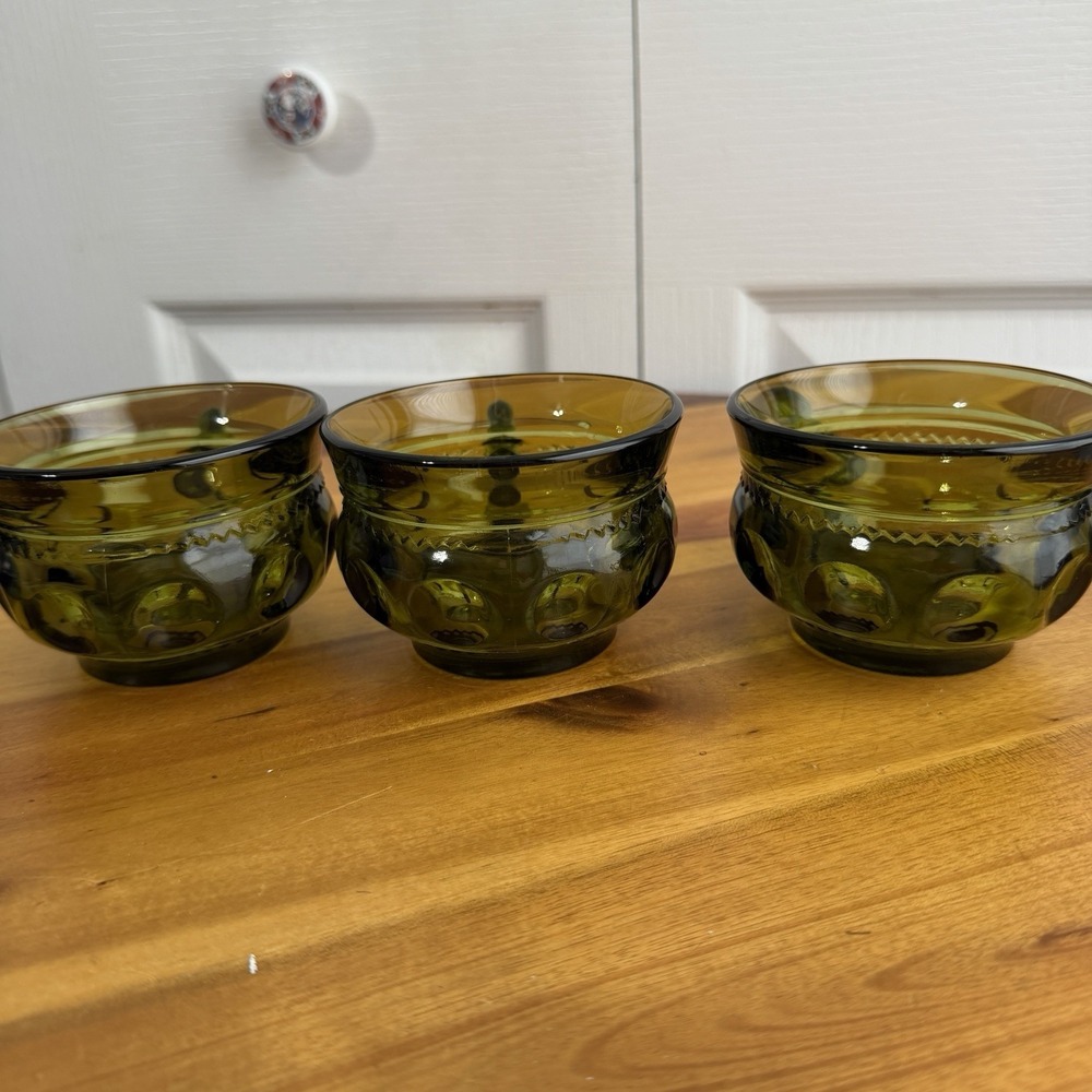 Indiana Glass Kings Crown Thumbprint Green Tea Cups Set Of 3 Cottage Granny VTG - Picture 2 of 7